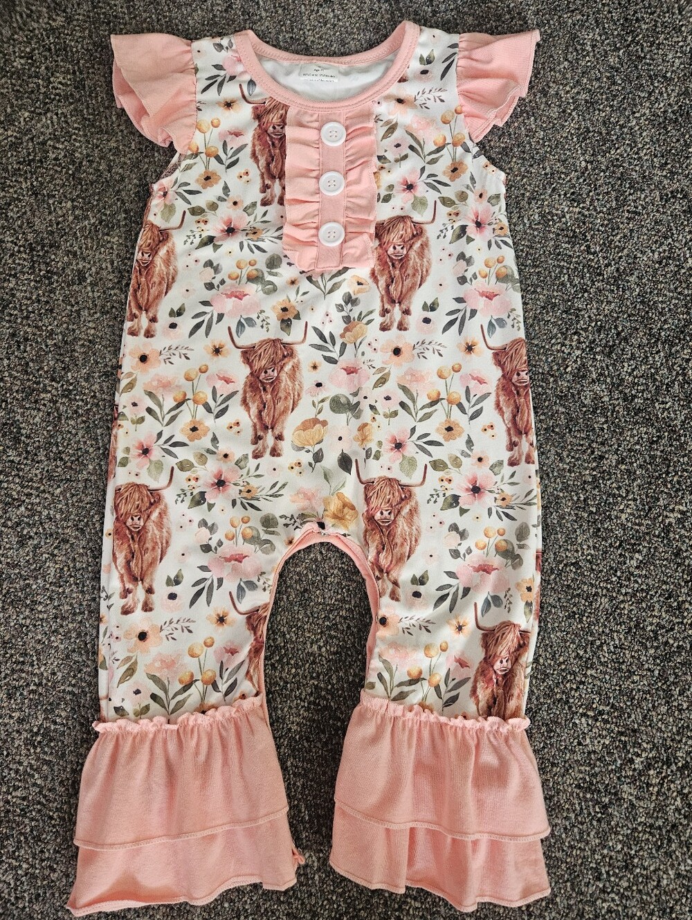 Pink Floral & Highland Cow Ruffle Baby One-Piece